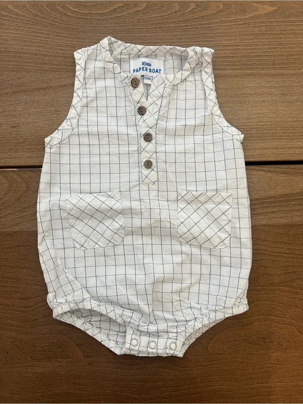 Paper Boat Grid-Print Baby Romper in White and Blue